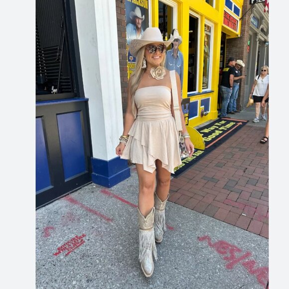 Aerie Strapless Handkerchief Mini Dress Beige Size XXL Blogger Fave Whimsigoth - Picture 2 of 16